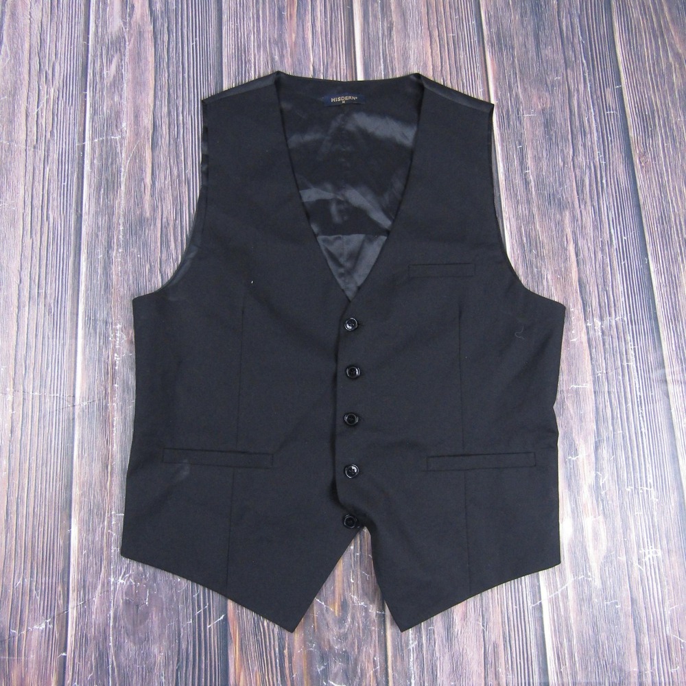 Suit Vest Mens M Black HISDERN 2 Piece Slim Polyester Formal Waistcoat